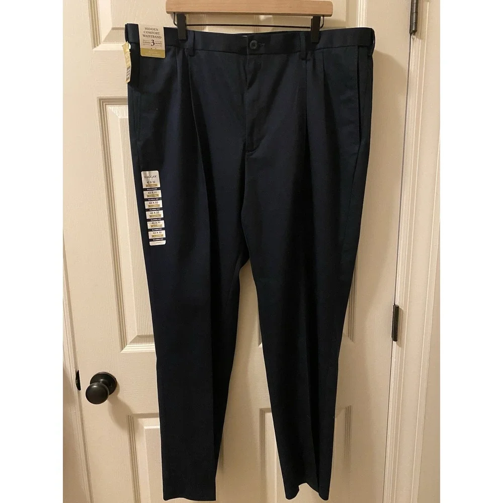 New Haggar Premium No Iron Flat Classic Fit Khaki Pants Men 42 x 32 Navy Blue